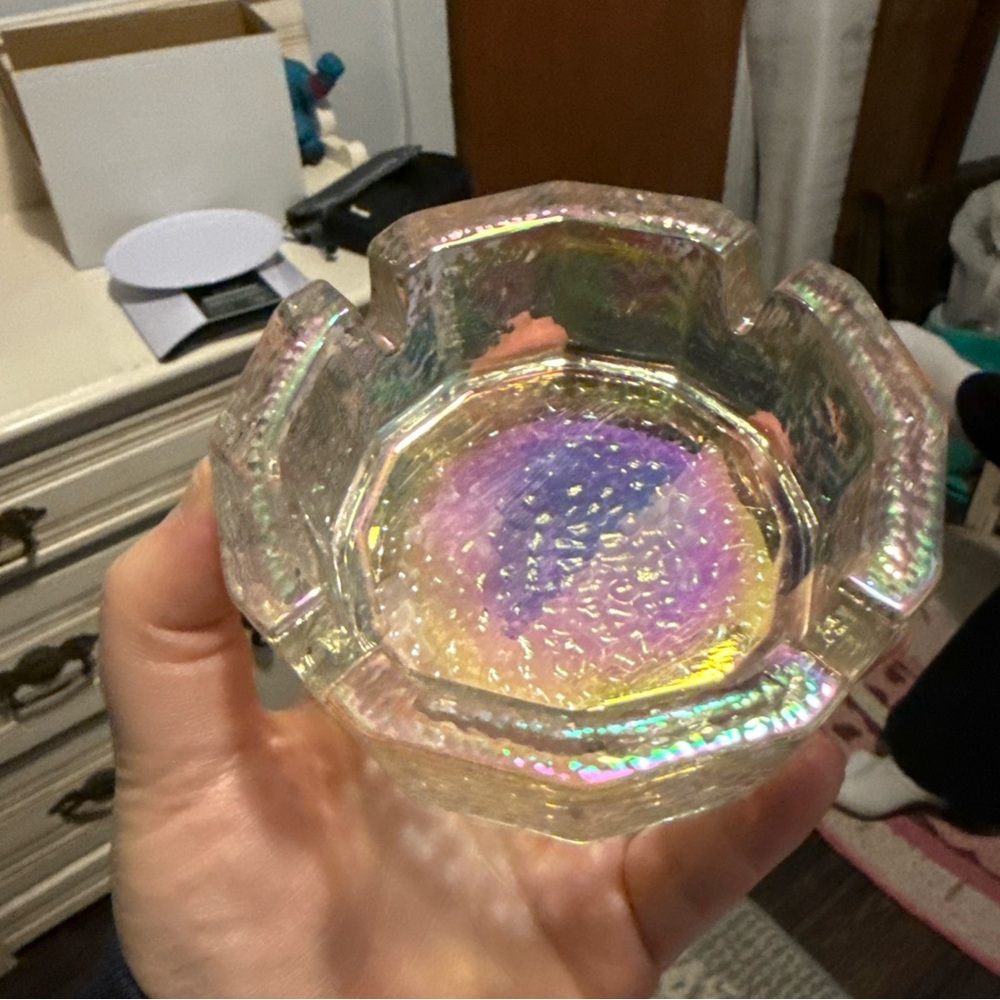 Iridescent hammered Glass blenko ashtray carnival rainbow colors